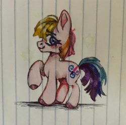 Size: 3024x3010 | Tagged: safe, artist:beetlebonez, derpibooru exclusive, toola-roola, earth pony, pony, g3, g3.5, blue eyes, blushing, embarrassed, female, filly, foal, high res, lined paper, looking at you, marker drawing, multicolored hair, pink coat, rainbow hair, raised hoof, simple background, solo, traditional art, worried smile
