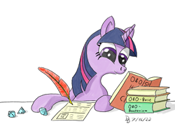 Size: 1200x849 | Tagged: safe, artist:darkdabula, twilight sparkle, pony, g4, atg 2022, book, dice, dungeons and dragons, newbie artist training grounds, ogres and oubliettes, quill, simple background, solo, white background