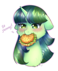Size: 1618x1978 | Tagged: safe, artist:vaiola, oc, oc only, oc:genebright sparkle, pony, unicorn, big eyes, blushing, burger, bust, commission, cute, eating, eyebrows, floppy ears, food, happy, hay burger, herbivore, horn, portrait, simple background, smiling, solo, text, white background, ych result