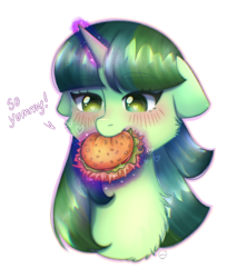 Size: 1618x1978 | Tagged: safe, alternate version, artist:vaiola, oc, oc only, oc:genebright sparkle, pony, unicorn, big eyes, blushing, burger, bust, commission, cute, eating, eyebrows, floppy ears, food, glowing, glowing horn, happy, hay burger, herbivore, horn, magic, portrait, simple background, smiling, solo, text, white background, ych result