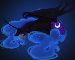 Size: 1280x1024 | Tagged: safe, artist:snowberry, nightmare moon, alicorn, pony, g4, bat wings, butt, claws, covering eyes, crying, curved horn, dock, drool, ethereal mane, fangs, floppy ears, frog (hoof), horn, lying down, open mouth, plot, realistic horse legs, sad, shivering, simple background, sparkles, tail, tongue out, underhoof, wing claws, wings