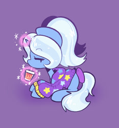 Size: 867x925 | Tagged: safe, artist:typhwosion, trixie, pony, unicorn, g4, abstract background, alternate hairstyle, babysitter trixie, bow, clothes, cute, diatrixes, eyes closed, female, glowing, glowing horn, hoodie, horn, magic, sipping, solo, tail, tail bow, telekinesis