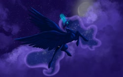 Size: 2048x1282 | Tagged: safe, artist:lumataine, princess luna, alicorn, pony, g4, female, flying, moon, night, sky, solo, spread wings, wings