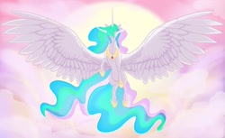 Size: 2048x1250 | Tagged: safe, artist:lumataine, princess celestia, alicorn, pony, g4, female, flying, solo, spread wings, sun, wings