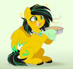 Size: 2800x2650 | Tagged: safe, artist:higglytownhero, oc, oc only, oc:lightning bug, pegasus, pony, fanfic:song of seven, black mane, cake, clothes, cute, eyes closed, female, food, gem, gemstones, high res, hooves, jewelry, mare, necklace, ocbetes, oven mitts, partially open wings, pegasus oc, simple background, singing, sitting, smiling, solo, striped mane, wings