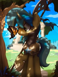 Size: 3000x4000 | Tagged: safe, artist:flaremoon, oc, oc only, oc:mercury haze, butterfly, pony, unicorn, armor, butterfly on nose, dappled sunlight, female, guardsmare, halberd, high res, horn, insect on nose, mare, outdoors, royal guard, solo, tree, unicorn oc, weapon