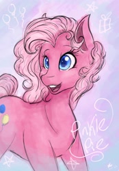 Size: 1423x2048 | Tagged: safe, artist:mscolorsplash, pinkie pie (g3), earth pony, pony, g3, abstract background, cute, female, g3 diapinkes, mare, name, open mouth, open smile, smiling, solo