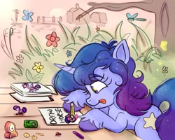 Size: 2000x1600 | Tagged: safe, artist:nedemai, oc, oc only, oc:nedi, butterfly, insect, ladybug, pony, unicorn, atg 2022, clock, drawing, female, flower, horn, mare, newbie artist training grounds, pencil, solo, tongue out, tree, unicorn oc, unshorn fetlocks