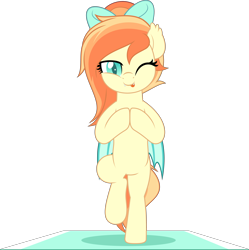Size: 5000x5028 | Tagged: safe, artist:jhayarr23, oc, oc only, oc:sunshine drift, bat pony, pony, bipedal, bow, female, hair bow, looking at you, mare, one eye closed, simple background, smiling, solo, standing, standing on one leg, tongue out, transparent background, wink, winking at you, yoga, yoga mat