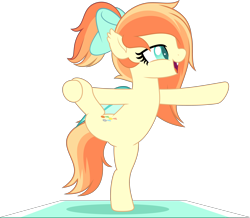 Size: 5000x4366 | Tagged: safe, artist:jhayarr23, oc, oc only, oc:sunshine drift, bat pony, pony, absurd resolution, bat pony oc, bipedal, bow, fangs, female, hair bow, mare, open mouth, open smile, shadow, simple background, smiling, solo, standing, standing on one leg, stretching, transparent background, yoga, yoga mat