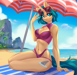 Size: 2048x1987 | Tagged: safe, artist:u_lu_lu, oc, oc only, oc:depth chaser, unicorn, anthro, beach, belly button, bikini, breasts, cleavage, clothes, female, horn, ocean, palm tree, solo, sunglasses, swimsuit, tree, umbrella, water
