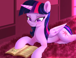 Size: 1920x1480 | Tagged: safe, artist:darksly, twilight sparkle, alicorn, pony, g4, atg 2022, book, carpet, cute, female, mare, newbie artist training grounds, reading, solo, twiabetes, twilight sparkle (alicorn)