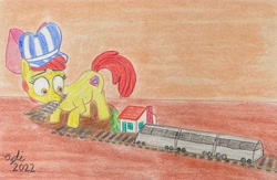 Size: 4032x2629 | Tagged: safe, artist:opti, apple bloom, earth pony, pony, g4, apple bloom's bow, atg 2022, bow, conductor hat, female, filly, foal, hair bow, hat, house, model train, newbie artist training grounds, solo, traditional art, train, train tracks, tree