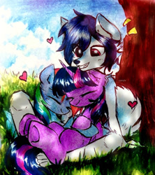 Size: 842x950 | Tagged: safe, artist:liaaqila, rainbow dash, twilight sparkle, oc, alicorn, pegasus, pony, anthro, g4, anthro oc, anthro with ponies, cuddling, eyes closed, female, furry, heart, horn, lesbian, ship:twidash, shipping, traditional art, tree, trio, under the tree, wings