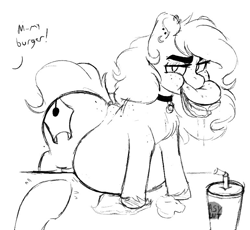 Size: 770x709 | Tagged: safe, artist:somefrigginnerd, oc, oc:pencil test, earth pony, pony, succubus, belly, big belly, burger, butt, choker, collar, colored hooves, dialogue, disembodied hoof, ear piercing, earring, earth pony oc, eating, fat, female, food, grayscale, jewelry, large butt, looking at you, monochrome, offscreen character, piercing, plot, pov, raised hoof, simple background, solo focus, stealing, table, the greasy slut, thick eyebrows, unshorn fetlocks