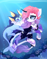 Size: 4000x5000 | Tagged: safe, artist:xsatanielx, oc, oc only, oc:azur diamond, pony, unicorn, vaporeon, rcf community, absurd resolution, blue eyes, bubble, clothes, crepuscular rays, curved horn, digital art, eyebrows, fish tail, flowing mane, horn, looking at each other, looking at someone, ocean, pokémon, signature, solo, sunlight, swimming, tail, underwater, water