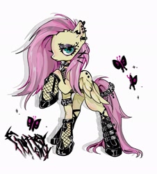 Size: 1851x2048 | Tagged: safe, artist:amatou_akuma, fluttershy, butterfly, pegasus, pony, g4, boots, choker, demonia swing 815, ear piercing, earring, female, fishnet stockings, goth, jewelry, lidded eyes, looking at you, mare, piercing, raised hoof, shoes, simple background, solo, spiked choker, standing, three quarter view, unamused, white background, wings