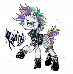 Size: 2005x2047 | Tagged: safe, artist:amatou_akuma, rarity, pony, unicorn, g4, it isn't the mane thing about you, alternate hairstyle, boots, butt, clothes, ear piercing, earring, female, fishnet stockings, high res, jacket, jewelry, leather jacket, lidded eyes, looking at you, piercing, plot, punk, raripunk, shoes, simple background, solo, unamused, white background