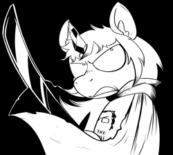 Size: 2121x1898 | Tagged: safe, artist:swagstapiece, oc, oc only, oc:phantom horn, pony, unicorn, black and white, black background, cape, clothes, crystal horn, frown, grayscale, gritted teeth, horn, katana, male, monochrome, simple background, solo, stallion, sword, teeth, weapon