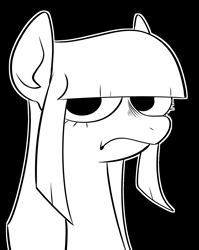 Size: 1416x1776 | Tagged: dead source, safe, artist:swagstapiece, oc, oc only, oc:crystal lake, earth pony, pony, black and white, black background, bust, female, frown, grayscale, mare, monochrome, simple background, solo