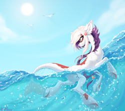 Size: 4300x3800 | Tagged: safe, artist:henori_artist, oc, oc only, oc:hanako, bird, earth pony, hybrid, original species, pony, absurd resolution, chest fluff, cloud, commission, ear fluff, eye clipping through hair, eyebrows, eyebrows visible through hair, eyeshadow, female, fish tail, gift art, happy, looking up, makeup, mare, ocean, partially submerged, signature, smiling, solo, summer, sun, swimming, tail, underwater, vacation, water