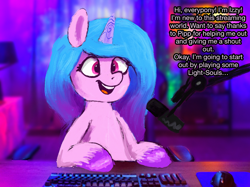 Size: 2732x2048 | Tagged: safe, artist:phutashi, izzy moonbow, pony, unicorn, g5, atg 2022, computer mouse, dark souls, female, gamer izzy moonbow, gaming, high res, implied pipp petals, keyboard, mare, microphone, newbie artist training grounds, open mouth, open smile, smiling, solo, streaming, unshorn fetlocks
