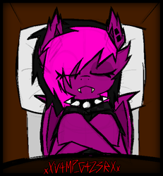 Size: 1014x1096 | Tagged: safe, artist:xxv4mp_g4z3rxx, oc, oc only, oc:violet valium, bat pony, pony, bat pony oc, bat wings, closed mouth, clothes, coffin, collar, crossed arms, crossed hooves, crossed legs, ear piercing, emo, eyelashes, eyeliner, eyes closed, eyeshadow, fangs, female, folded wings, hair over one eye, hoodie, hooves to the chest, makeup, mare, piercing, pillow, signature, sleeping, solo, spiked collar, two toned mane, wings