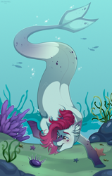 Size: 1800x2823 | Tagged: safe, artist:shchavel, oc, oc only, fish, mermaid, merpony, starfish, art, bubble, commission, commission open, coral, digital art, ear fluff, female, fish tail, flowing tail, high res, mare, ocean, open mouth, open smile, red mane, rock, seaweed, smiling, solo, summer, swimming, tail, underwater, water