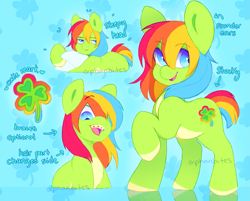 Size: 2011x1618 | Tagged: safe, artist:dewtuber, artist:orphanbites, oc, oc only, oc:dew cloverheart, earth pony, pony, braces, earth pony oc, hair over one eye, looking at you, pillow, rainbow, reference sheet, smiling