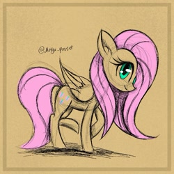 Size: 689x689 | Tagged: safe, artist:marya-potter, part of a set, fluttershy, pegasus, pony, g4, colored sketch, female, folded wings, looking at you, mare, profile, raised hoof, raised leg, sketch, smiling, solo, textured background, wings