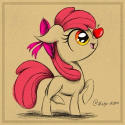 Size: 689x689 | Tagged: safe, artist:marya-potter, part of a set, apple bloom, earth pony, pony, g4, apple, balancing, female, filly, foal, food, ponies balancing stuff on their nose, sketch, solo