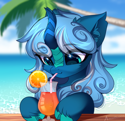 Size: 2342x2272 | Tagged: safe, alternate character, alternate version, artist:airiniblock, oc, oc only, oc:vivid tone, kirin, pony, alcohol, chest fluff, cloven hooves, cocktail, commission, cute, drink, drinking straw, ear fluff, eye clipping through hair, eyebrows, female, food, high res, icon, mare, ocean, orange, palm tree, smiling, solo, tree, water, ych result