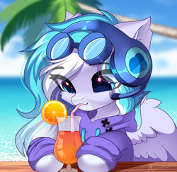 Size: 2342x2272 | Tagged: safe, alternate character, alternate version, artist:airiniblock, oc, oc only, oc:skydrive, pony, alcohol, chest fluff, cocktail, commission, cute, drink, drinking straw, ear fluff, eye clipping through hair, eyebrows, female, food, headset, high res, icon, mare, ocean, orange, palm tree, smiling, solo, tree, water, ych result