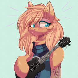 Size: 1000x1000 | Tagged: safe, artist:thieftea, oc, oc only, oc:mirta whoowlms, pegasus, pony, blue background, blue eyes, blushing, chest fluff, clothes, musical instrument, scarf, simple background, solo, ukulele, wings
