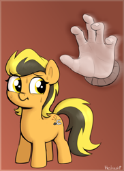 Size: 1419x1944 | Tagged: safe, artist:heretichesh, oc, oc:flint spark, earth pony, pony, behind you, colored, disembodied hand, female, filly, foal, hand, nervous, rule 63, simple background, sweat