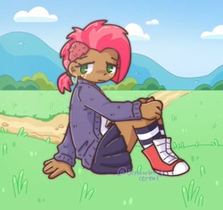 Size: 1024x963 | Tagged: safe, artist:strawbrrycereal, babs seed, human, equestria girls, g4, cardigan, clothes, converse, dark skin, ear piercing, earring, female, grass, jewelry, looking at you, no pupils, outdoors, path, piercing, shoes, sitting, skirt, socks, solo, striped socks