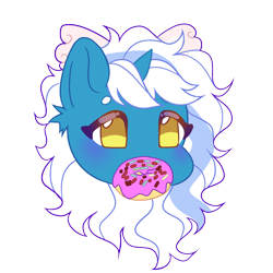 Size: 3000x3000 | Tagged: safe, artist:spotenyx, oc, oc:fleurbelle, alicorn, pony, adorabelle, alicorn oc, blushing, bow, cute, donut, eating, female, food, hair bow, high res, horn, mare, mouth hold, ocbetes, simple background, solo, sprinkles, transparent background, yellow eyes