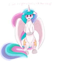 Size: 2023x2000 | Tagged: safe, artist:enonnnymous, princess celestia, alicorn, pony, series:anon loves celestia, g4, blushing, both cutie marks, bronybait, chest fluff, cute, cutelestia, dialogue, ear blush, eye clipping through hair, female, floppy ears, high res, hug request, imminent snuggles, looking at you, mare, open mouth, open smile, partially open wings, simple background, smiling, smiling at you, solo, spread wings, standing on two hooves, talking to viewer, transparent background, wings