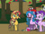 Size: 1800x1350 | Tagged: safe, artist:flutterluv, part of a set, izzy moonbow, starlight glimmer, sunset shimmer, surprise, mouse, pegasus, pony, unicorn, g1, g4, g5, :o, apple, apple tree, atg 2022, bag, book, cappy (mario), cupcake, facial hair, female, food, mare, mario, moustache, newbie artist training grounds, open mouth, paper, part of a series, quill, saddle bag, scroll, shovel, smiling, super mario, super mario odyssey, treasure chest, tree