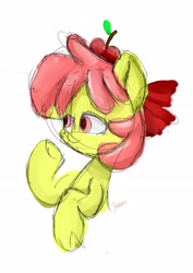 Size: 2480x3508 | Tagged: safe, artist:skylinepony_, apple bloom, earth pony, pony, g4, apple, female, filly, foal, food, high res, simple background, sketch, smiling, solo, white background