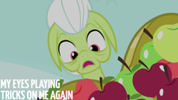 Size: 1920x1080 | Tagged: safe, edit, edited screencap, editor:quoterific, screencap, granny smith, earth pony, pony, g4, inspiration manifestation, season 4, apple, female, food, mare, open mouth, solo, text