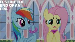 Size: 1920x1080 | Tagged: safe, edit, edited screencap, editor:quoterific, screencap, fluttershy, rainbow dash, pegasus, pony, g4, season 9, the ending of the end, donut, duo, female, food, mare, open mouth, smiling, text, wing hands, wings