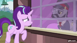 Size: 640x360 | Tagged: safe, screencap, all aboard, starlight glimmer, earth pony, pony, unicorn, g4, season 7, uncommon bond, animated, duo, female, gif, gifs.com, glasses, horn, male, mare, open mouth, open smile, smiling, stallion, train station, trotting, trotting in place