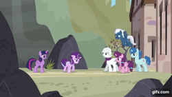 Size: 640x360 | Tagged: safe, screencap, double diamond, night glider, party favor, starlight glimmer, sugar belle, twilight sparkle, alicorn, earth pony, pegasus, pony, unicorn, g4, season 5, the cutie re-mark, ^^, animated, eyes closed, female, flying, gif, gifs.com, group hug, horn, hug, male, mare, open mouth, s5 starlight, smiling, spread wings, stallion, twilight sparkle (alicorn), wings