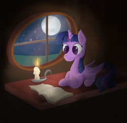 Size: 1280x1233 | Tagged: safe, artist:kalivian, twilight sparkle, alicorn, pony, g4, atg 2021, book, candle, horn, moon, newbie artist training grounds, night, reading, solo, stars, twilight sparkle (alicorn), window, wings