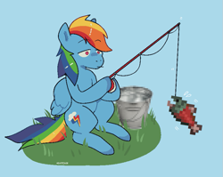 Size: 823x654 | Tagged: safe, artist:heartcade, rainbow dash, fish, pegasus, pony, g4, blue background, bucket, fishermare, fishing, fishing rod, minecraft, pixel art, simple background, solo, wings