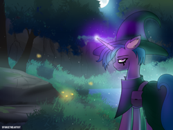 Size: 1920x1440 | Tagged: safe, artist:sforcetheartist, oc, oc only, oc:dim heart, firefly (insect), insect, pony, unicorn, cape, clothes, forest, hat, moon, night, rock, rule 63, solo, tree, water, witch hat