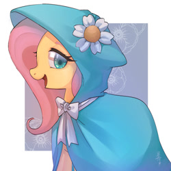 Size: 2000x2000 | Tagged: safe, artist:hosikawa, fluttershy, pegasus, pony, g4, secret of my excess, aside glance, bowtie, cloak, clothes, cute, female, flower, high res, looking at you, mare, open mouth, open smile, partial background, passepartout, profile, shyabetes, simple background, smiling, solo, taffeta cape, white background