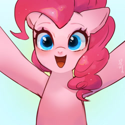 Size: 2400x2400 | Tagged: safe, artist:hosikawa, pinkie pie, earth pony, pony, g4, blue background, cute, diapinkes, female, gradient background, green background, high res, looking at you, mare, open mouth, open smile, simple background, smiling, smiling at you, solo