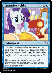 Size: 375x523 | Tagged: safe, edit, screencap, rarity, father knows beast, g4, carousel boutique, ccg, implied tax evasion, magic the gathering, sewing, sewing machine, trading card, trading card edit